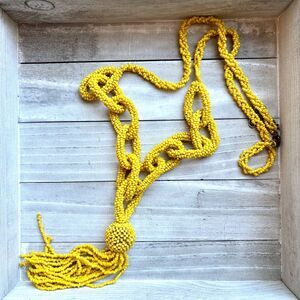 Yellow Beaded Tassel Necklace Long Statement Boho Style
